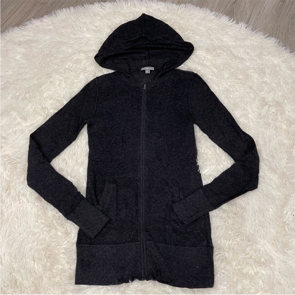James Perse Cotton Cashmere Open Knit Black Hooded Zip-Up Sweater Zip Up Hoodie